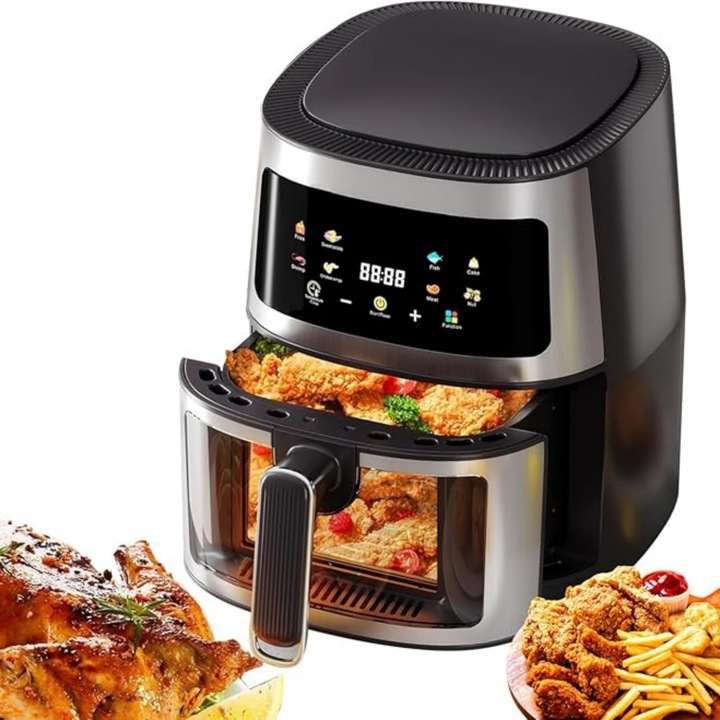 Friteuza cu aer cald, MOSMAOO®, 10 functii, Control touch, Capacitate 5L, 1350W, Curatare usoara, Afisaj digital, Protectie supraincalzire, Fereastra vizuala, Gri/Negru