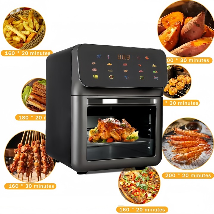 Friteuza cu aer cald, MOSMAOO®, Fereastra vizualizare, Capacitate 10L, Timer 60 min, Temperatura ajustabila 80-200°C, 1350W, Oprire automata, Negru mat