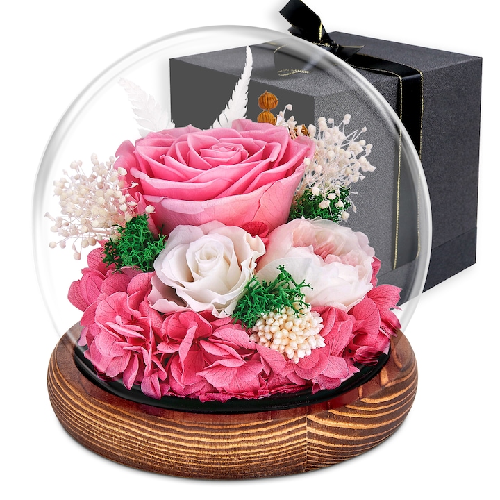 Sticla sferica Trandafir criogenat, Excitat®, Lumina LED, flori, Flori adevarate, Baza din lemn masiv, 13*13cm, roz
