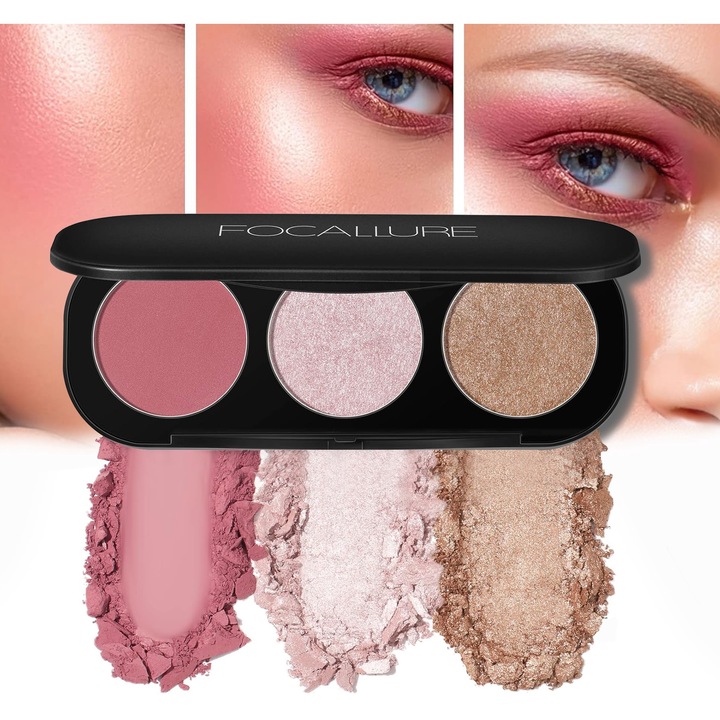 Set machiaj Excitat®, Paleta contour 3 in 1, Fard obrajii & Iluminator & Bronzer, Cruelty-Free, Textura mata si luciu, Rezistent la apa, 13.4x5.5x1.7 cm, 59 g, Vegian