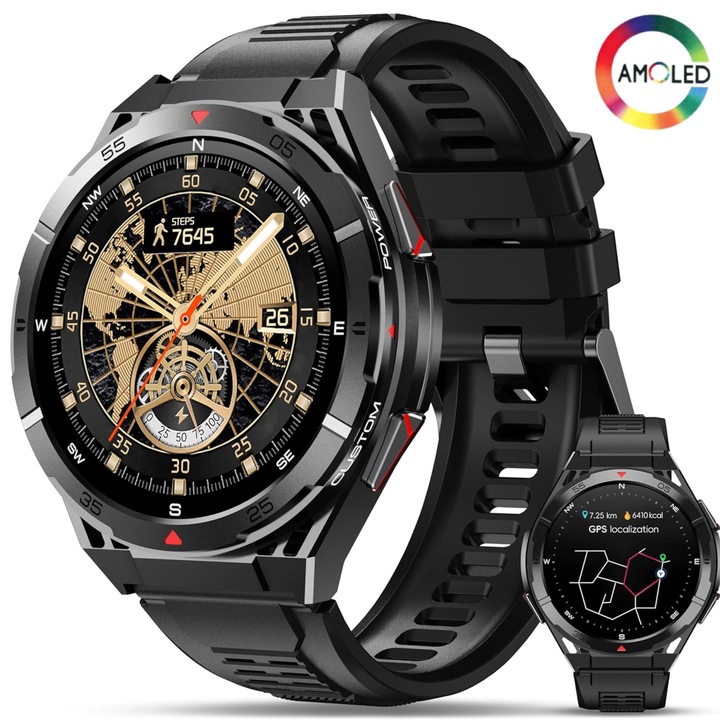 Смарт часовник Sport GPS 1..43" AMOLED ESL от Essential Level®, Bluetooth повикване, 410*502 докосване на цял екран, компас, надморска височина, барометър, офлайн карта, известия, физически дейности, сън, пулс, кислород, 5 ATM, 480 mAh, черен
