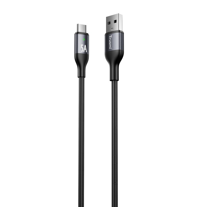 Cablu Date si Incarcare TRUSMI CA12-02, 5A, Max 100W, USB la USB-C, Ultra Fast Charge cu Led, Oprire automata a alimentarii dispozitivului, Transfer date pana la 480Mb/s, Multiple protectii, Compatibilitate universala, Capete din Aliaj de Zinc, 1M, Negru
