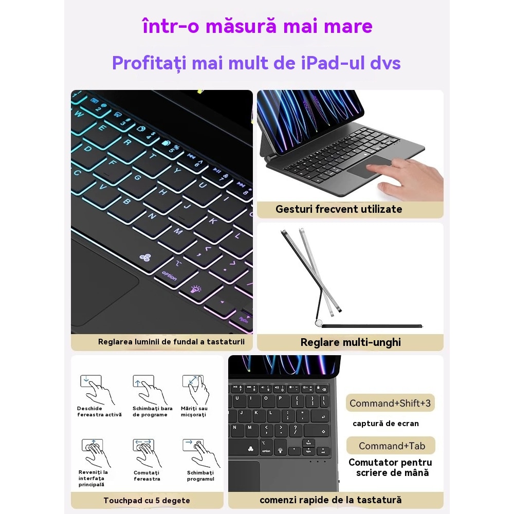 Husa iPad cu tastatura inteligenta, iluminare tastatura reglabila, include tastatura bluetooth si trackpad pentru ipad pro (M4) disponibila in 2024 ipad pro 11” (M4)