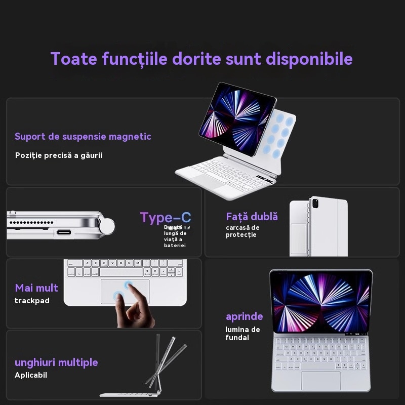 Husa iPad cu tastatura inteligenta, iluminare tastatura reglabila, include tastatura bluetooth si trackpad pentru ipad pro (M4) disponibila in 2024 ipad pro 11” (M4)