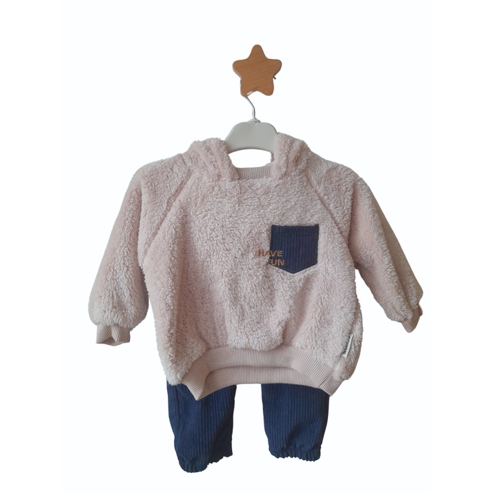 Compleu pufos 2 piese baieti, Necix's, Crem/Albastru, Poliester, Albastru/Crem