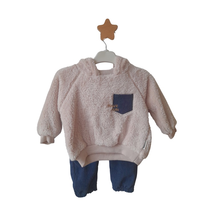 Compleu pufos 2 piese baieti, Necix's, Crem/Albastru, Poliester, Albastru/Bej deschis