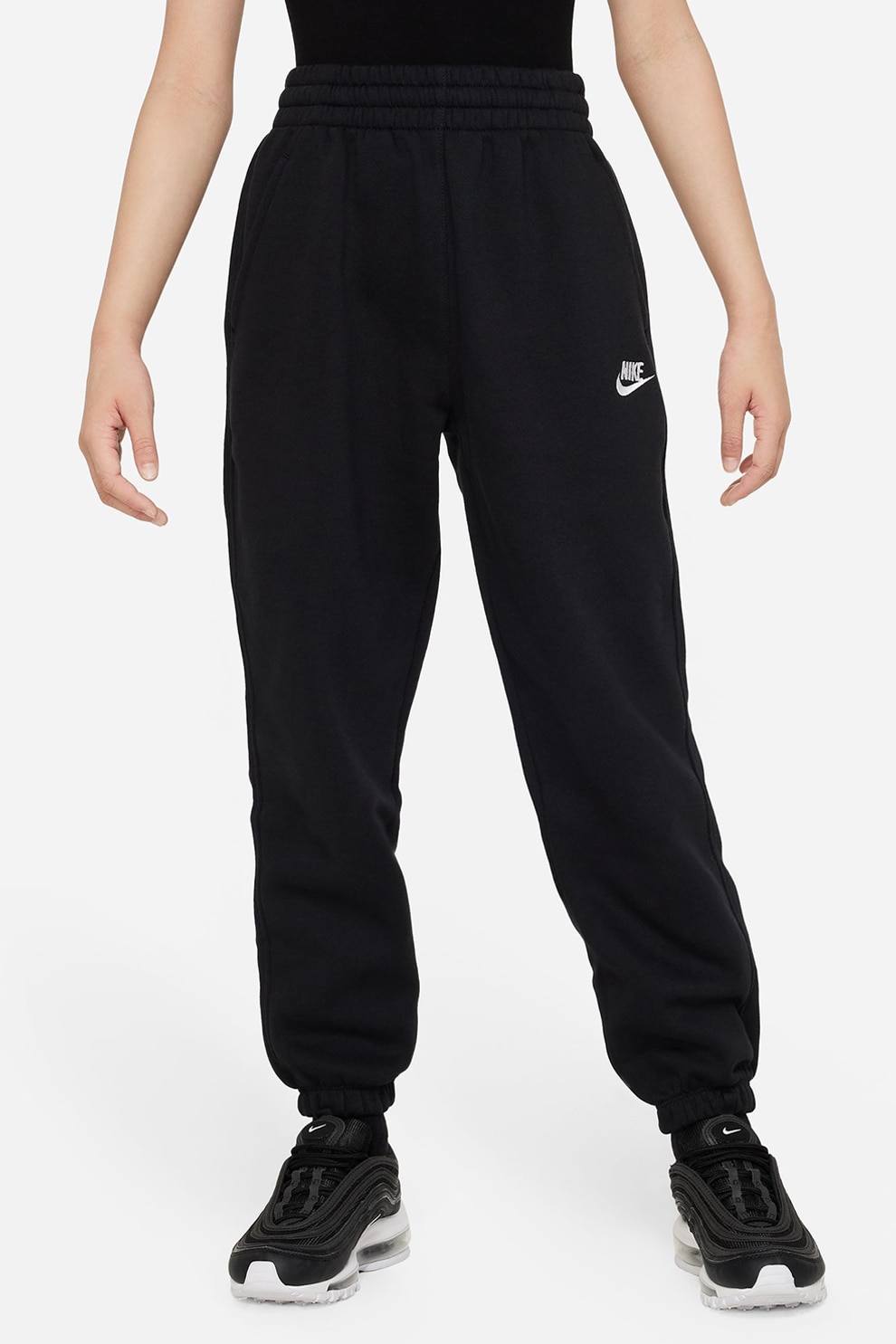 Nike, Pantaloni de trening cu talie inalta si snur, Negru, 128-137 CM