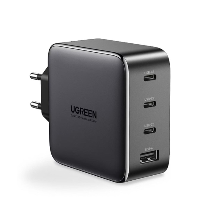 Hálózati töltő Ugreen Nexode 100W, GaN gyorstöltés, 3x USB-C, 1x USB-A, fekete