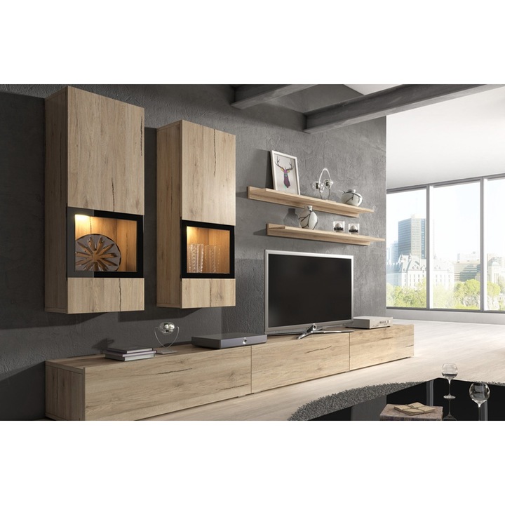 Set Mobila Living, Helvetica, Baros 10, 2 x Vitrina, 2 x Comoda TV, 2 x Raft, Aspect mat, PAL/Sticla/HDF, Stejar