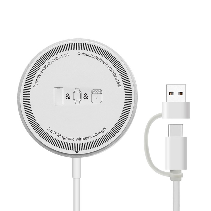 3 az 1-ben mágneses vezeték nélküli töltő, 15 W-os gyorstöltő pad iPhone-hoz, Apple Watchhoz és AirPodokhoz – kompatibilis az iPhone 16/15/14/13/12 sorozattal