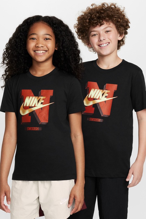 Nike, Logós uniszex pamutpóló, Fekete/Téglavörös, 128-137 CM