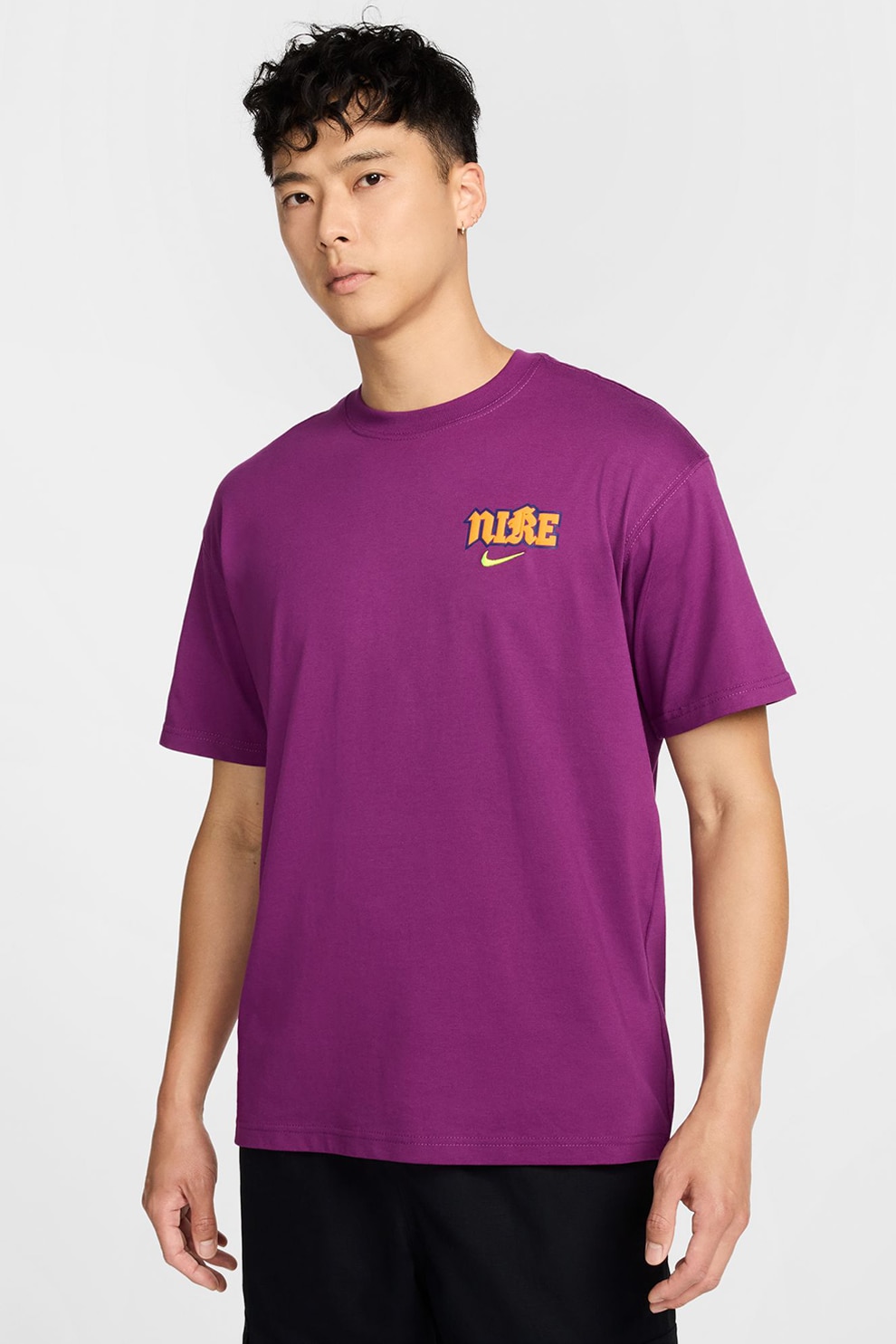 Nike, Tricou cu decolteu la baza gatului, din bumbac, cu logo, Roz zmeuriu,  Galben mustar, M