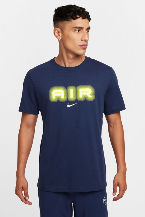 Nike, Tricou de bumbac cu imprimeu logo, Verde neon/Bleumarin