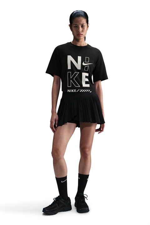 Nike, Tricou de bumbac cu decolteu la baza gatului si logo, Alb/Negru
