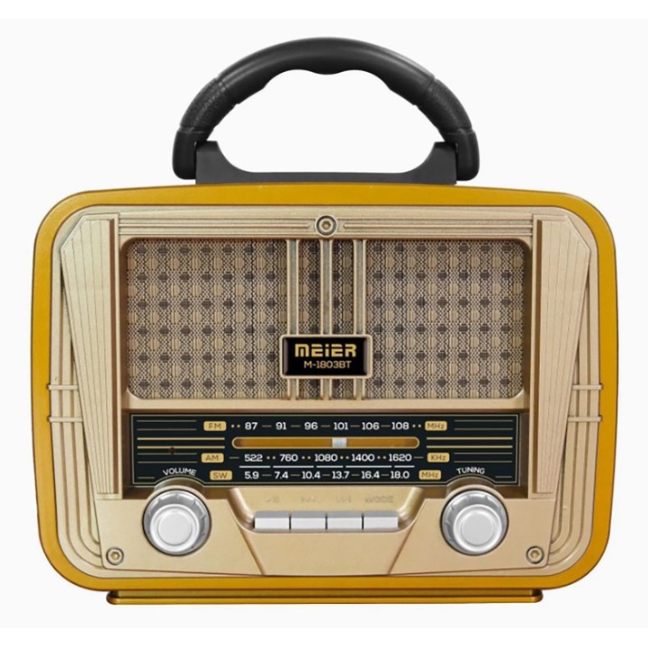 Meier M-1803BT hordozható 3 sávos Am FM Sw rádió, TF kártya és MP3 lejátszó, újratölthető hangszóró, Bluetooth retro design, arany szín
