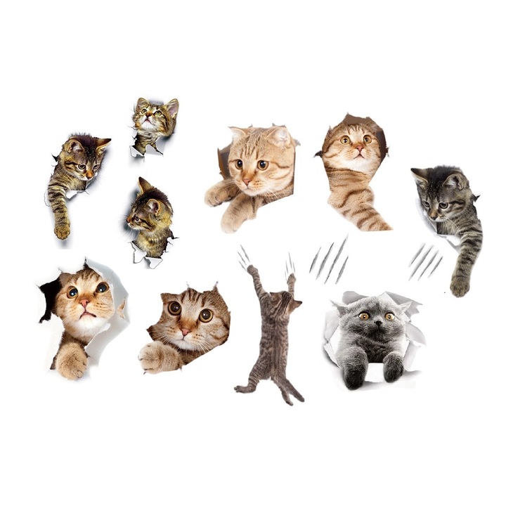 Sticker Decorativ Autoadeziv, 10 Autocolante de Perete cu Pisici, Decor pentru Camera Bebelusilor, Camera Copiilor si Living