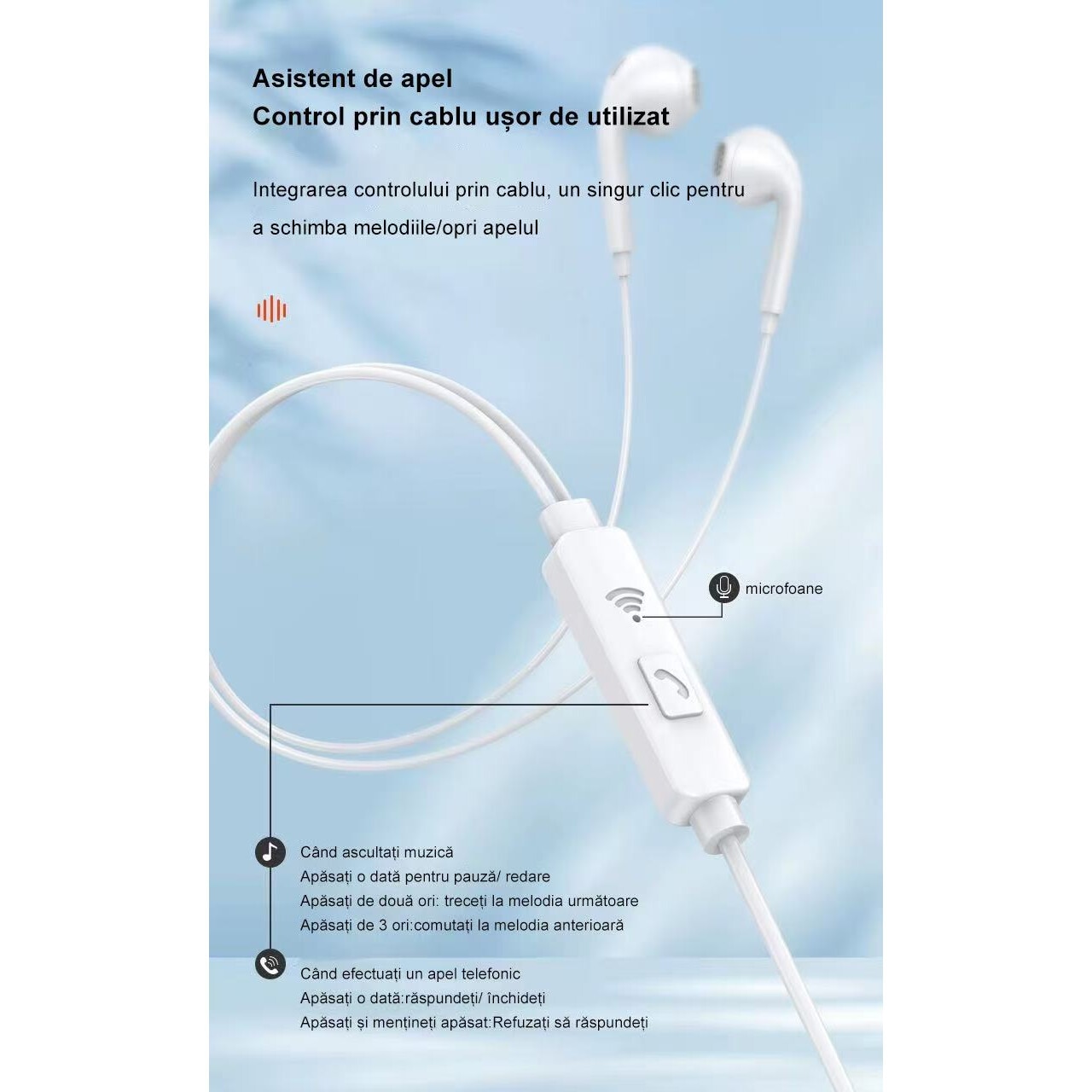 Casti cu fir, microfon, design ergonomic, control volum, negru