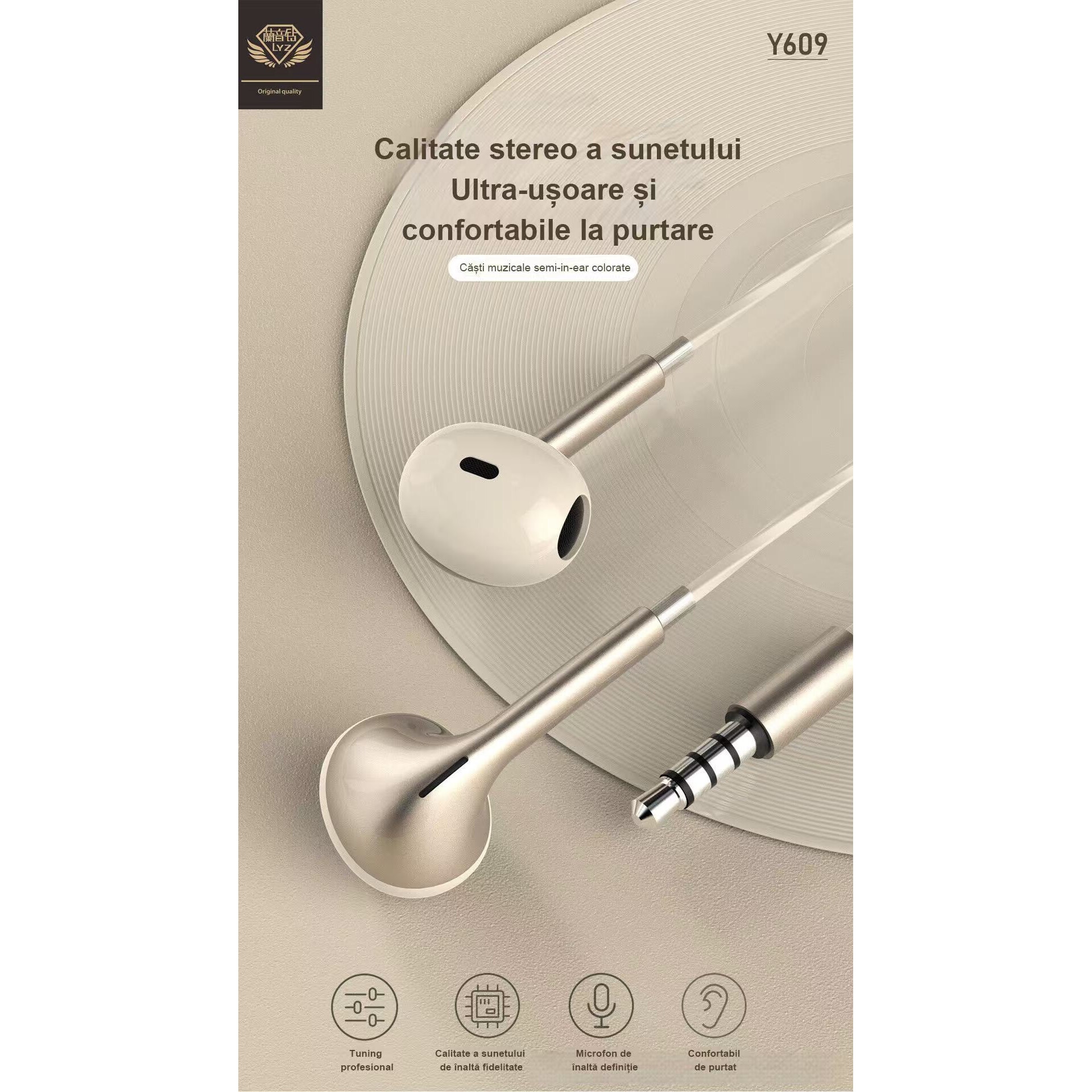 Casti cu fir, in-ear, design ergonomic, sunet stereo bass, auriu