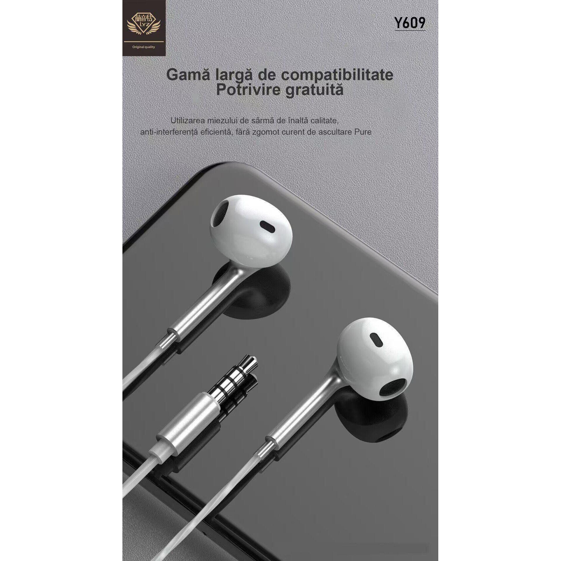 Casti cu fir, in-ear, design ergonomic, sunet stereo bass, auriu