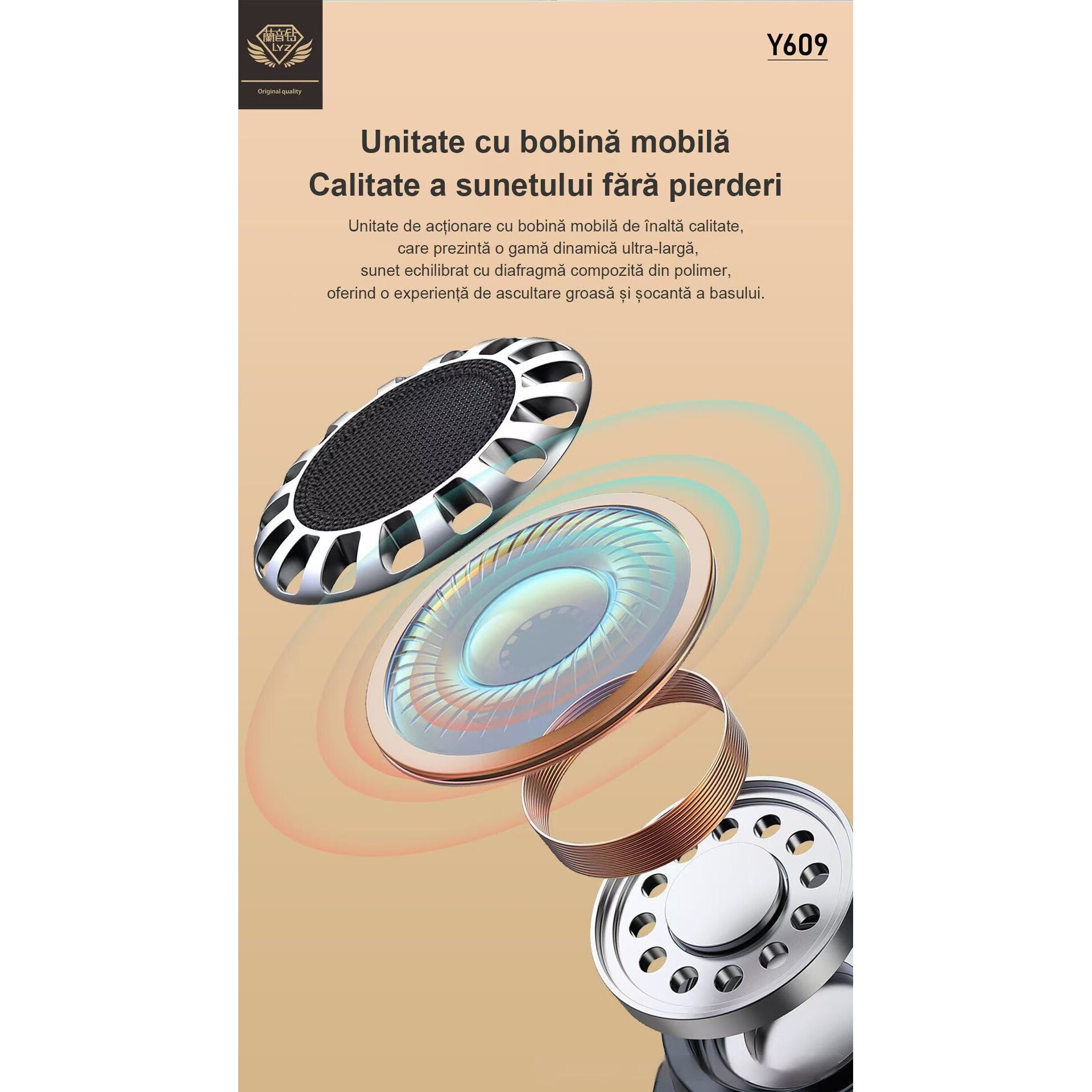 Casti cu fir, in-ear, design ergonomic, sunet stereo bass, auriu