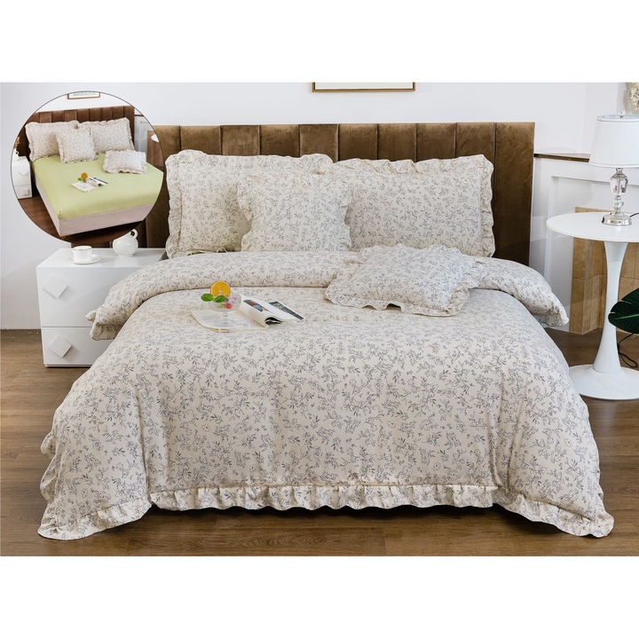 Set Lenjerie CHIRASO, Bumbac Fin, cu volanase, pentru 2 persoane, 6 piese, Cearceaf de pat cu elastic 180x200 cm, Cearceaf pilota 200x230 cm, 2 fete de perna 50x75cm, 2 fete de perna 60x60cm, cu imprimeu floricele, bej-galben deschis