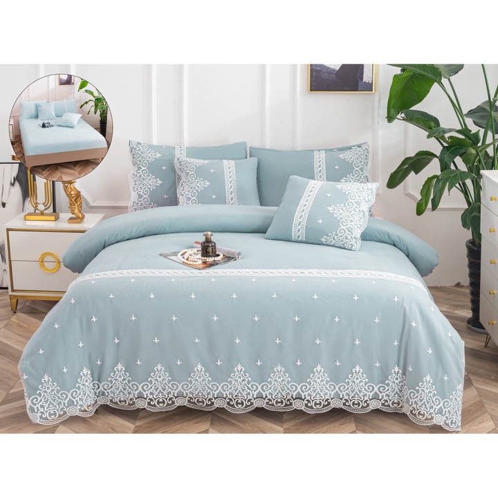 Set Lenjerie CHIRASO, Eleganta de Lux, Bumbac fin cu Dantela delicata, 6 piese, Cearceaf de pat cu elastic 180x200 cm, Cearceaf pilota 200x230 cm, 2 fete de perna 50x75 cm, 2 fete de perna 50x50 cm, cutie cadou, UNI, albastru prafuit