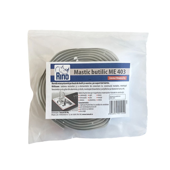 Banda etansare butilica Rino, pentru chiuveta si plita, gri, 3 ml