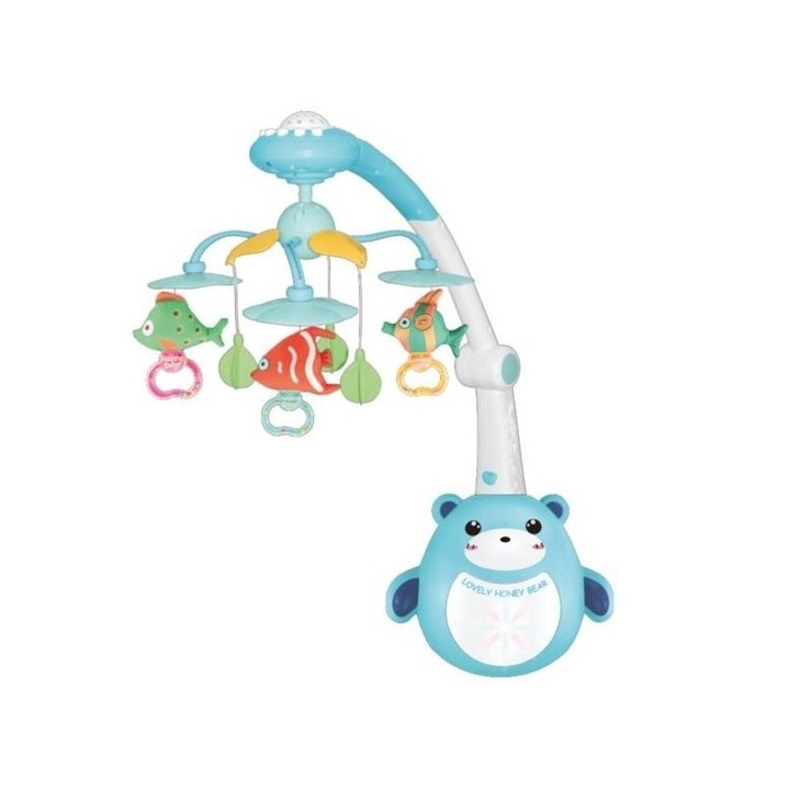 Carusel muzical pentru patut, cu telecomanda, lumina si jucarii detasabile, pentru bebelusi, 56x55cm, Albastru