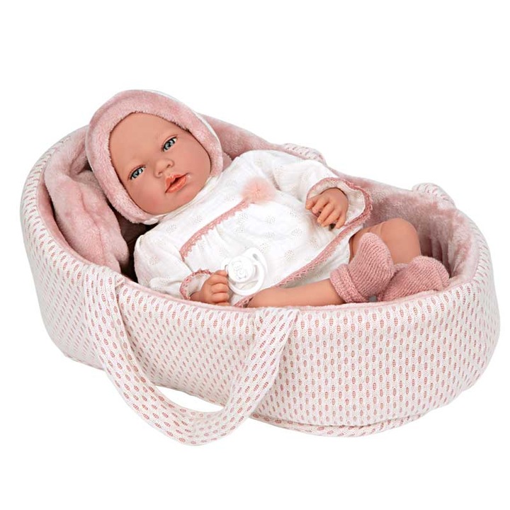 Плачеща кукла-бебе Arias Лусия в розов кош и биберон - 40 см