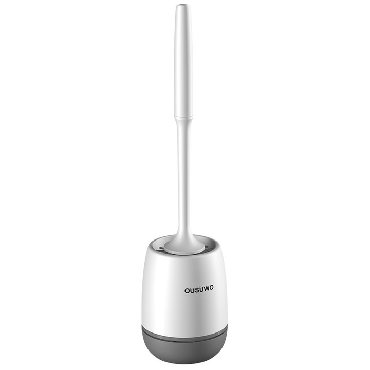 KuviKoo™ 360°-os szilikon WC-kefe hosszú nyéllel, 43 cm, falra szerelhető fúrás nélkül, TPR fej 260 sűrű sörtével, öntisztító és szárító rendszer, mély és higiénikus WC-tisztításhoz, fehér