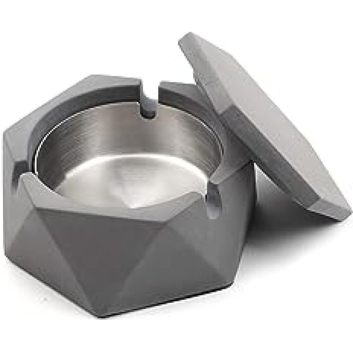 Scrumiera beton cu capac geometric inox 15x10cm
