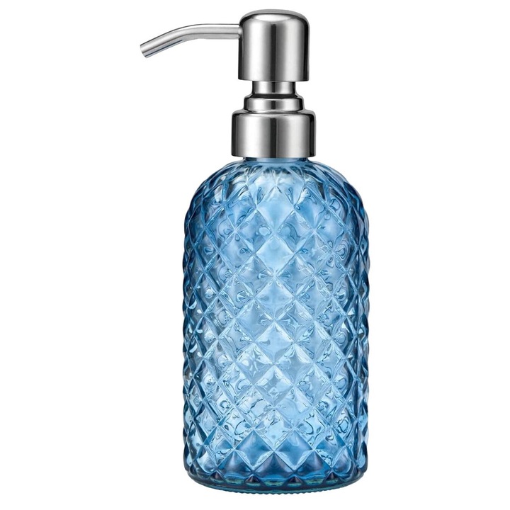 Dispenser pentru sapun lichid, Cozevdnt, Sticla, Pompa inox, Albastru/Argintiu