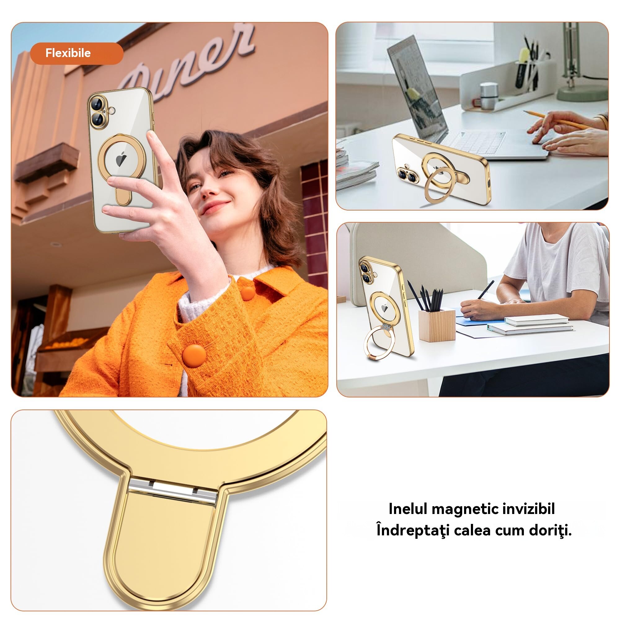 Husa de Protectie, Compatibila cu Apple iPhone 16 Plus, Tehnologie MagSafe, Protectie pentru camera, Suport pentru inel, rezistenta la socuri, Auriu