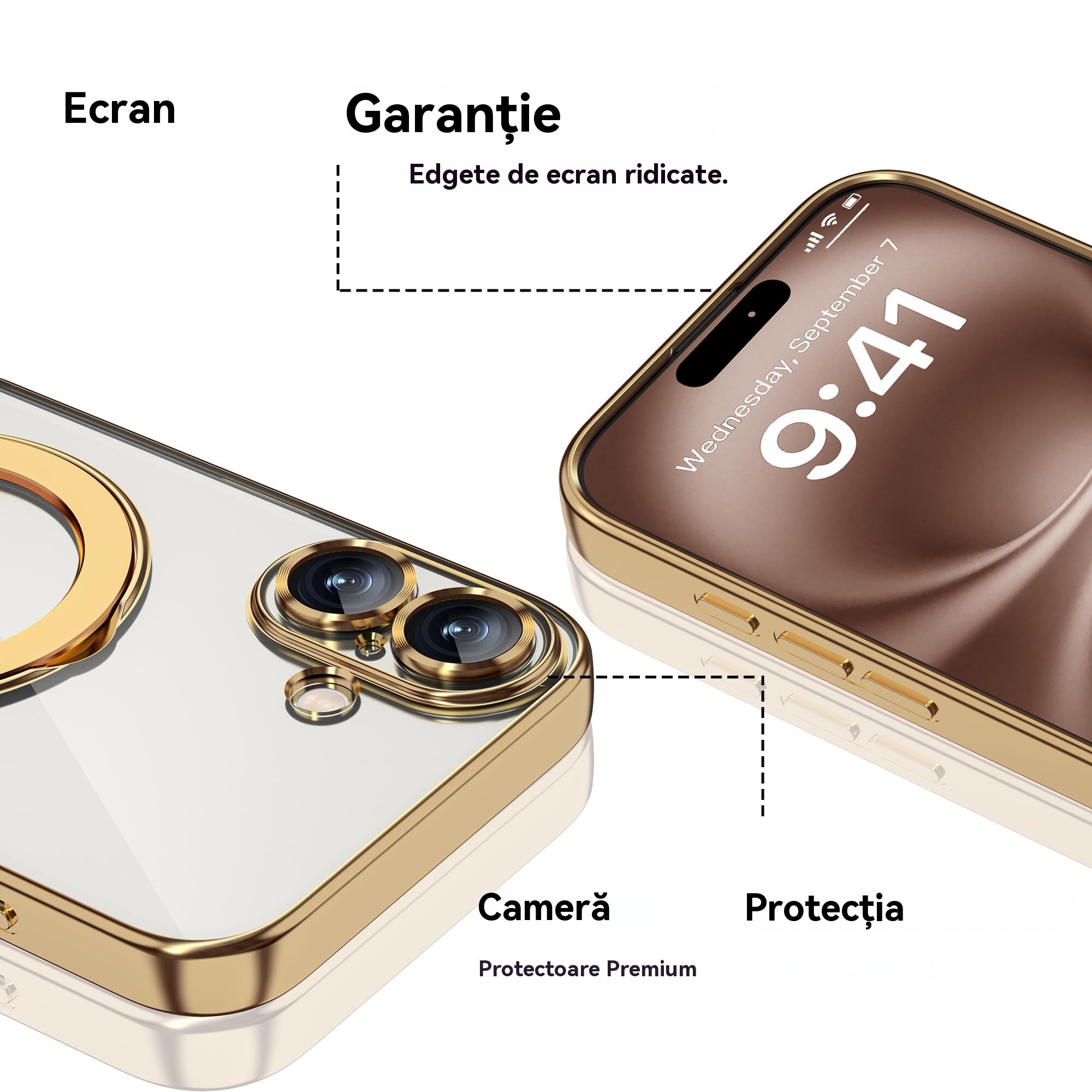 Husa de Protectie, Compatibila cu Apple iPhone 16 Plus, Tehnologie MagSafe, Protectie pentru camera, Suport pentru inel, rezistenta la socuri, Auriu