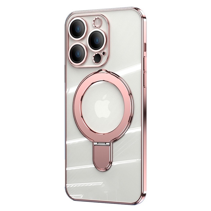 Husa de Protectie, Compatibila cu Apple iPhone 16 Plus, Tehnologie MagSafe, Protectie pentru camera, Suport pentru inel, rezistenta la socuri, Roz