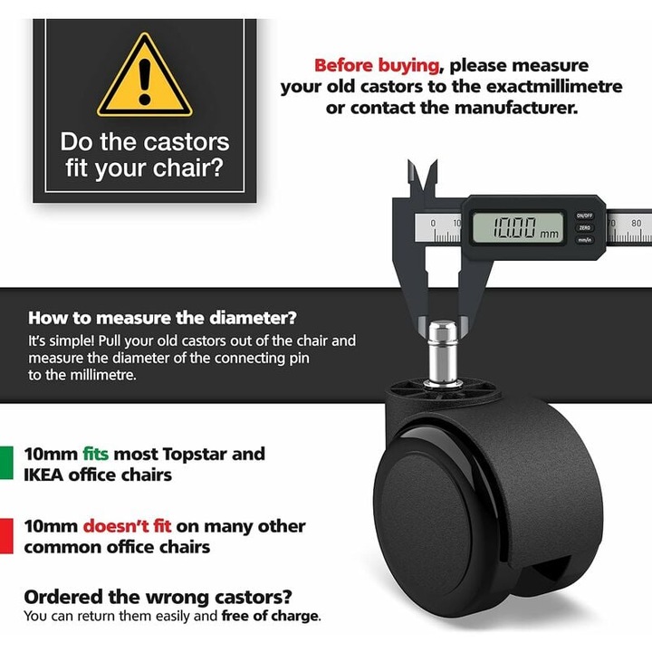 Set de 5 roti pentru scaune de birou, Fokelyi, 10 mm x 22 mm, capacitate 35 kg, culoare neagra