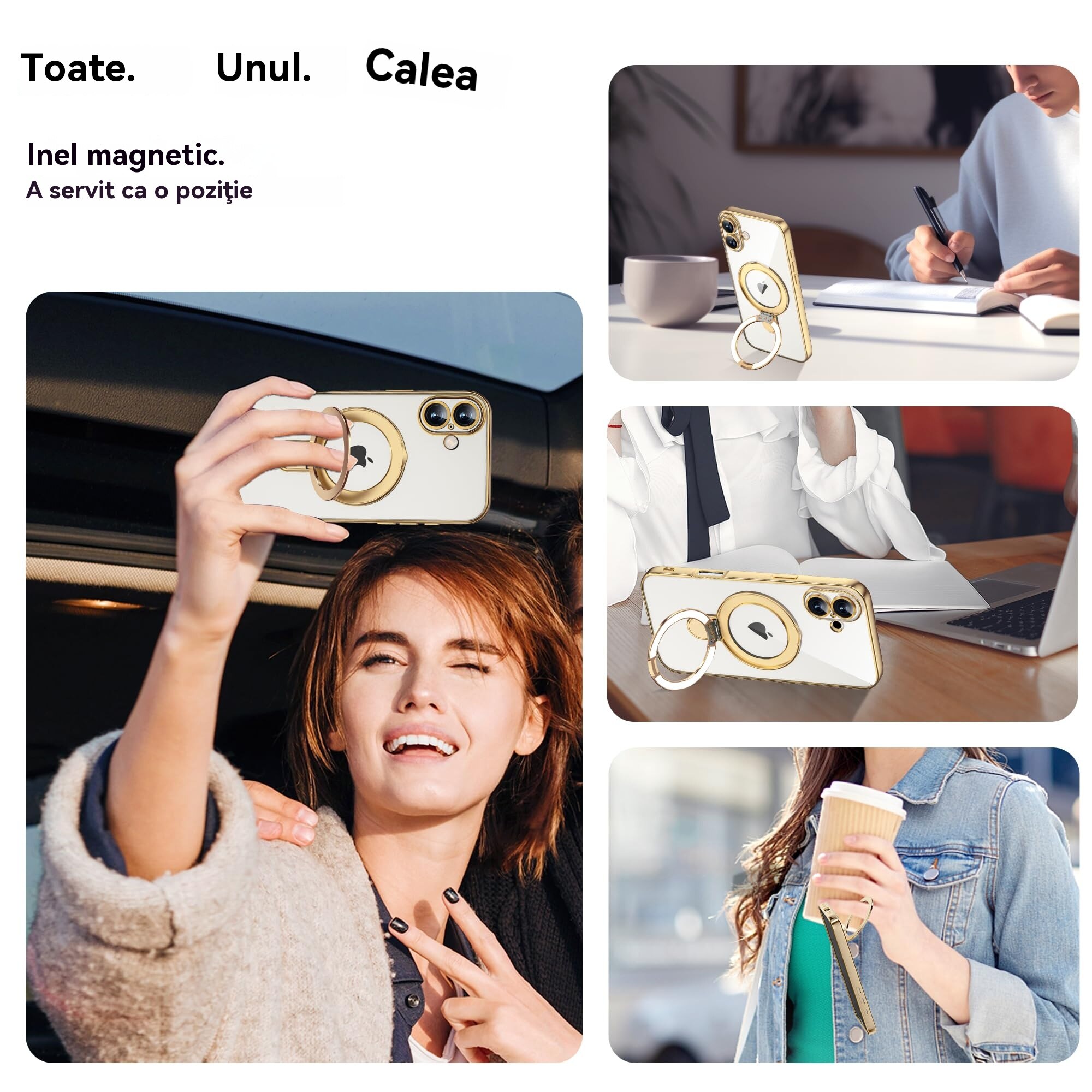 Husa de Protectie, Compatibila cu Apple iPhone 16 Plus, Tehnologie MagSafe, Protectie pentru camera, Suport pentru inel, rezistenta la socuri, Auriu
