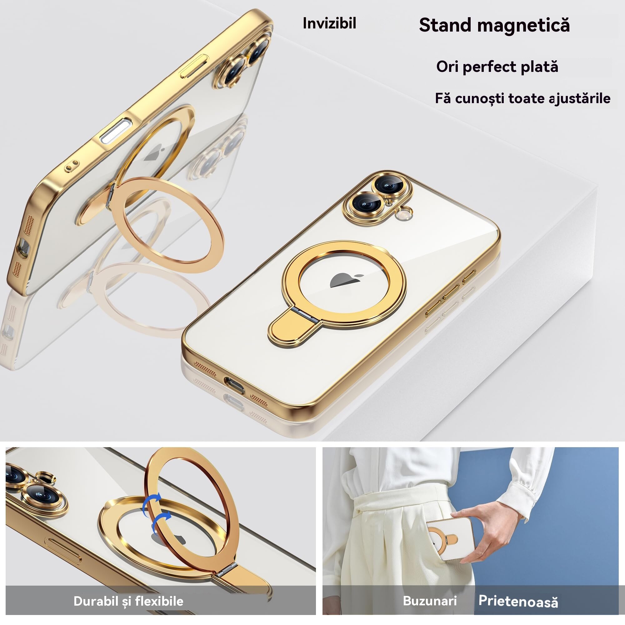 Husa de Protectie, Compatibila cu Apple iPhone 16 Plus, Tehnologie MagSafe, Protectie pentru camera, Suport pentru inel, rezistenta la socuri, Auriu