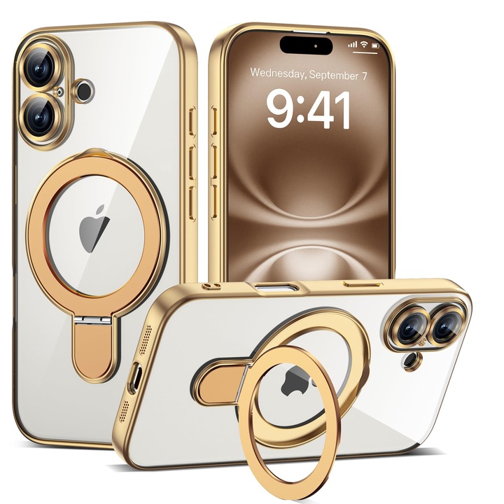 Husa de Protectie, Compatibila cu Apple iPhone 16 Plus, Tehnologie MagSafe, Protectie pentru camera, Suport pentru inel, rezistenta la socuri, Auriu
