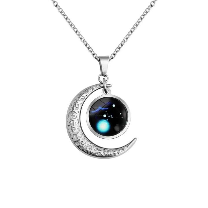 Férfi nyaklánc Crescent Moon rozsdamentes acél 12 csillagjegyű csillagjegy világító medál nyaklánc Glow in the Dark, Bika, 3 * 1,8 cm, 60 cm