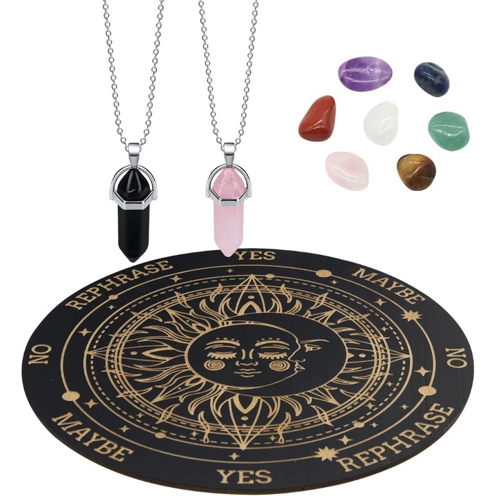 Tabla de Pendulum pentru Divinatie si Sondaj, Tabla de Pendulum cu Sondaj in Cristal si Pietre de Cristal, Set de Tabla de Pendulum, Set de Provizii de Altar pentru Vrajitorie si Wicca, 20 cm (Soare si Luna)