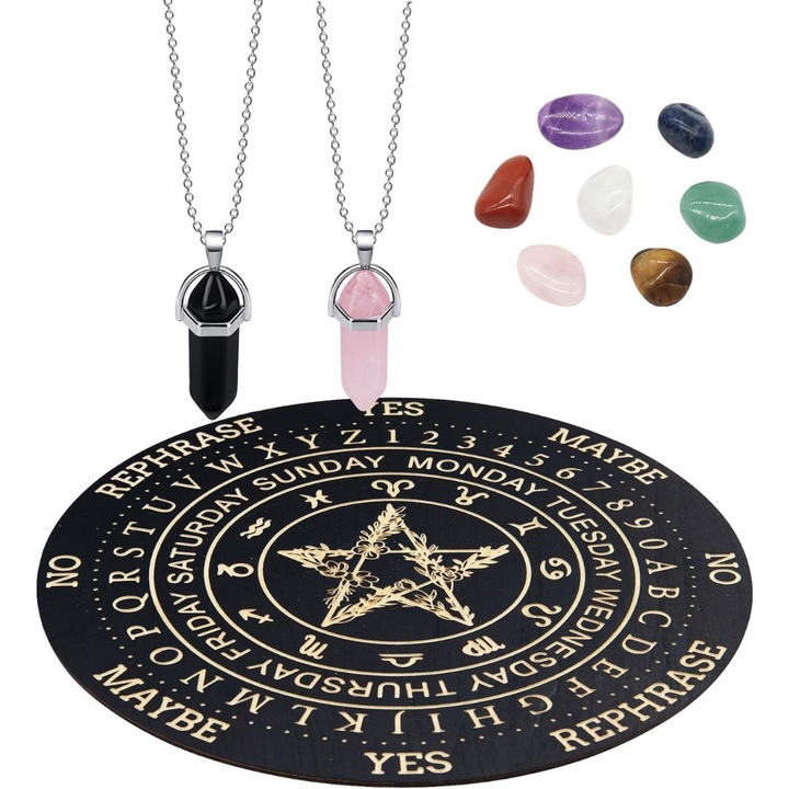 Tabla de Pendulum pentru Divinatie si Sondaj, Tabla de Pendulum cu Sondaj in Cristal si Pietre de Cristal, Set de Tabla de Pendulum, Set de Provizii de Altar pentru Vrajitorie si Wicca, 20 cm (stea)