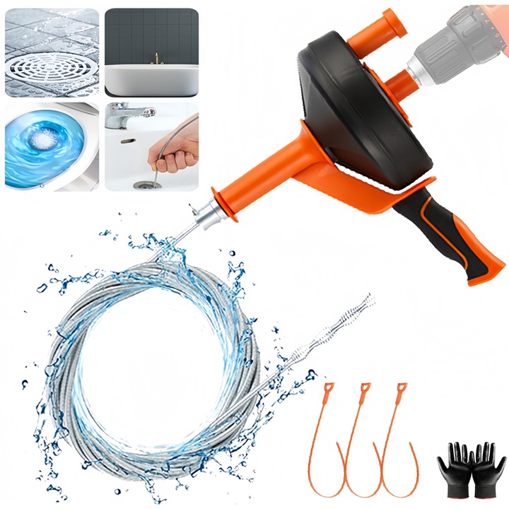 Sarpe pentru desfundat tevi, Folixs®, Manual/Electric, Burghiu 2 in 1, lungime 760cm, Pentru deblocarea scurgerilor / chiuvetelor / lavoarelor / tevilor de toaleta, portocaliu