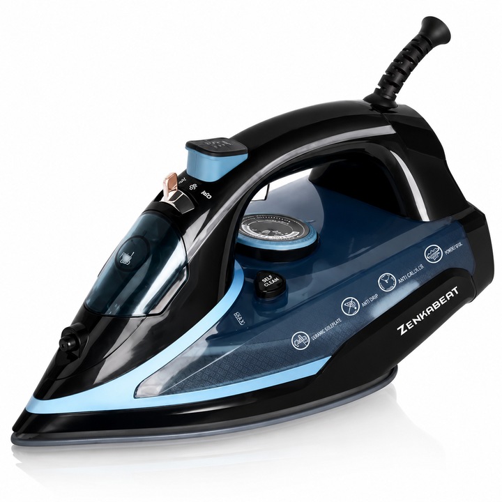 Fier de calcat Zenkabeat ST-03 Ultra, 3000W, Debit de abur continuu de 55g/min si jet de abur de 260g, Rezervor 350ml, Functie auto curatare, Auto oprire, Talpa Ceramica Auto-Clean, Sistem Anticalcar, Negru/Albastru