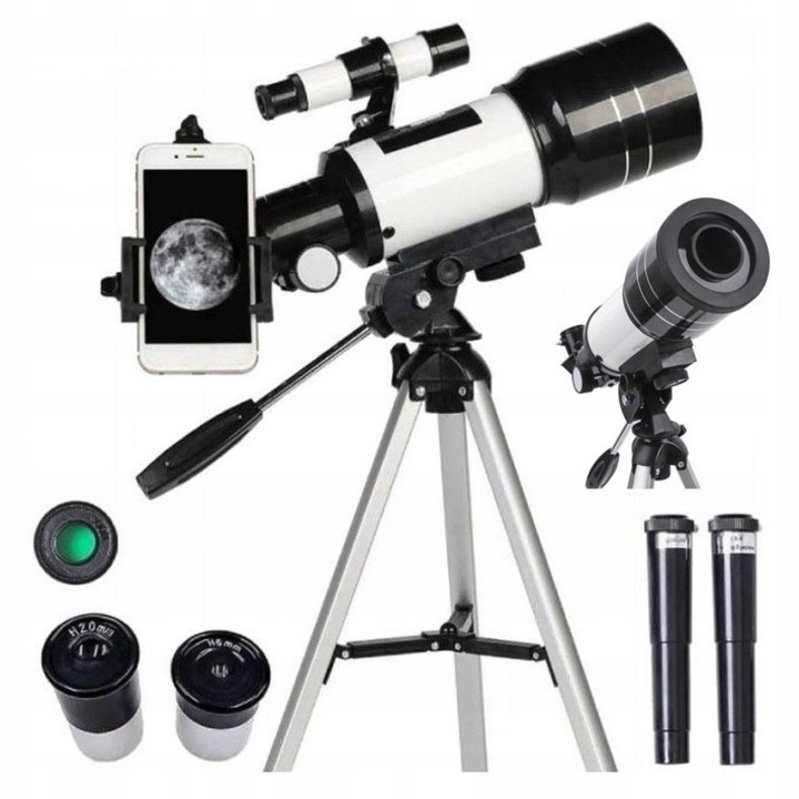 Telescop Astronomic cu Accesorii AKKEE® 70mm, focal length 300mm, prisme BAK4, Imagini de Inalta Definitie, Corp Stabil, pentru copii si adulti, Potrivit pentru camping, observarea faunei salbatice, luna, Alb/Negru, Cu Trepied Din Aluminiu
