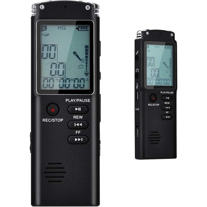 Reportofon Profesional, AKKEE, Reportofon digital stereo cu activare vocala,16GB, negru, Activare Vocala, Reducere Zgomot, Transcriere Usoara, Redare in Bucla, suport inregistrare vocala, redare prin difuzor extern, pentru cursuri, prelegeri si sedinte