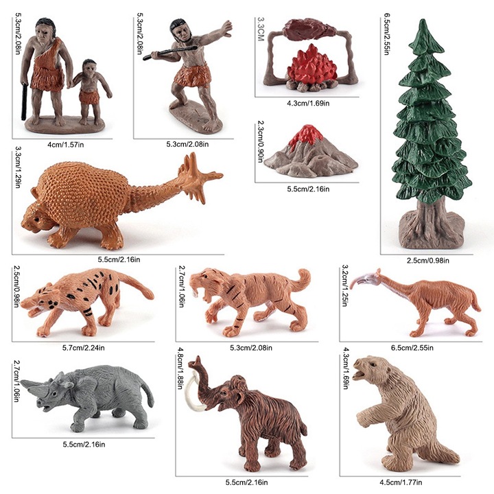 Set figurine animale preistorice, Bizaical, 12 piese, PVC, 2.5x6.5cm