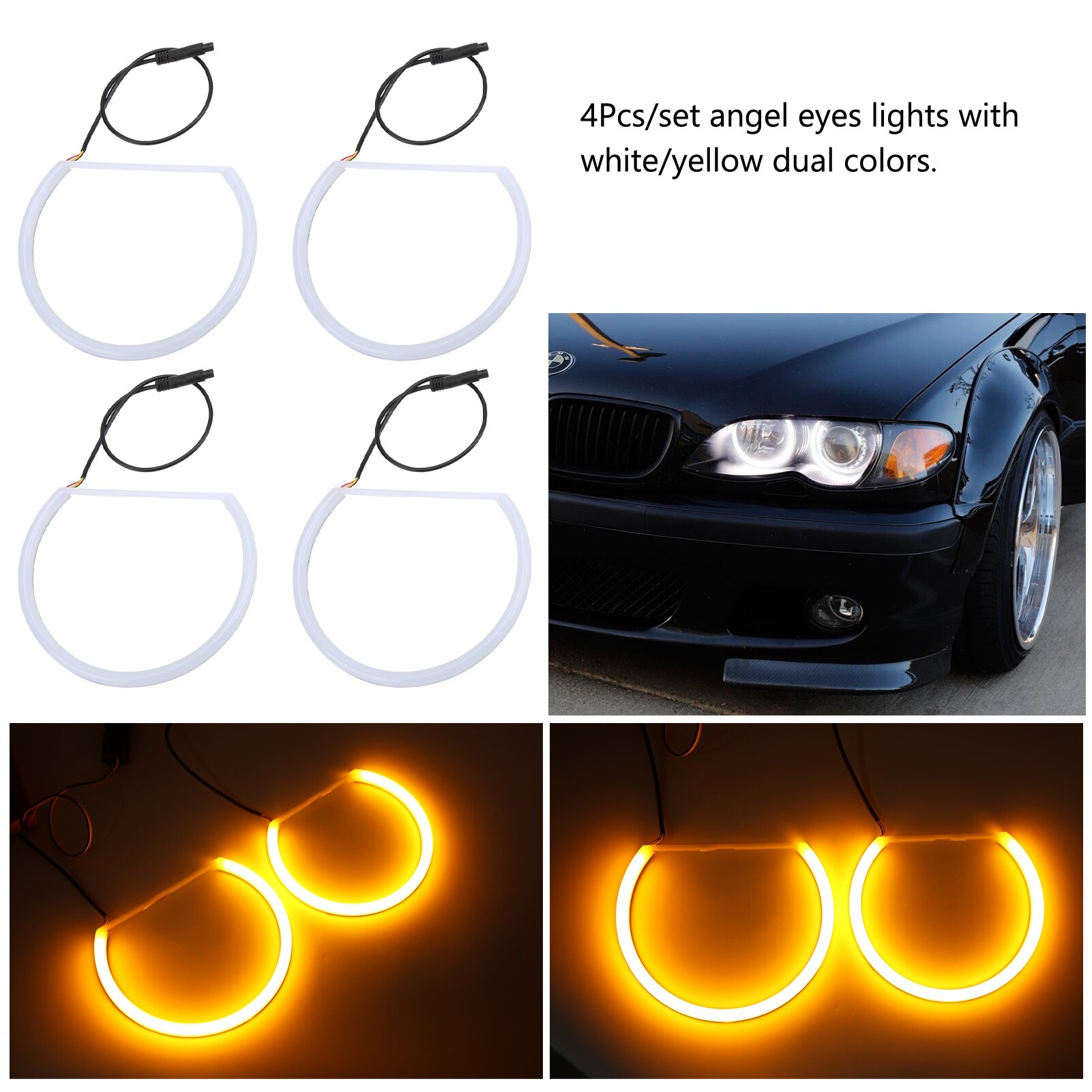 Kit faruri LED Angel Eyes Bizaical, 4 bucati, alb/galben, 131mm