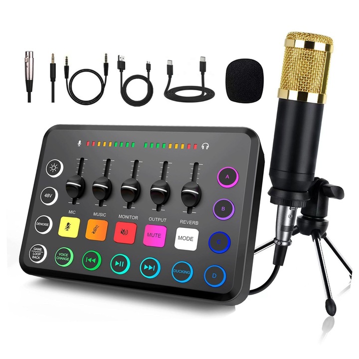 Set echipamente podcast, mixer audio F11 si microfon BM800, suport desktop, negru carbune, 4 intrari x 2 iesiri