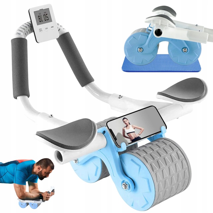 Rola abdominala cu temporizator, AKKEE, mecanism de rebound automat, suporturi pentru coate, gri si albastru, 10cm latime roata, set complet